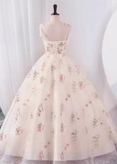 Isabel | Exquisite Elegant Champagne Floral Sweetheart Neck Corset Wedding Dress with Bow - Champagne Floral - PromDressClub